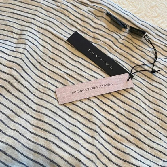 Tahari Linen Pullover Navy White Blouse Top Striped S Split Hem Small NWT - Picture 7 of 7
